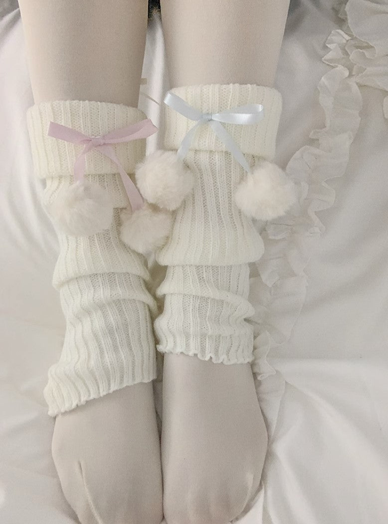 Sweet Knit Pompom Balls White Pink Blue Leg Warmers