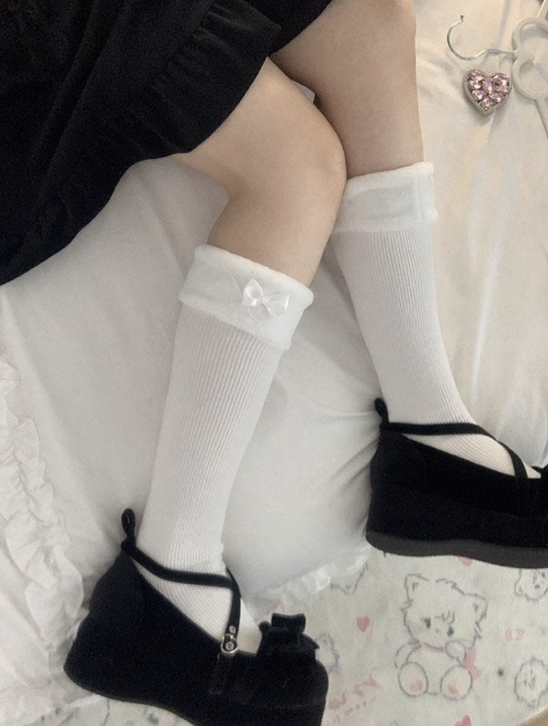 Lolita Cute Bow Fur Edge Black White Pink Mid Calf Socks