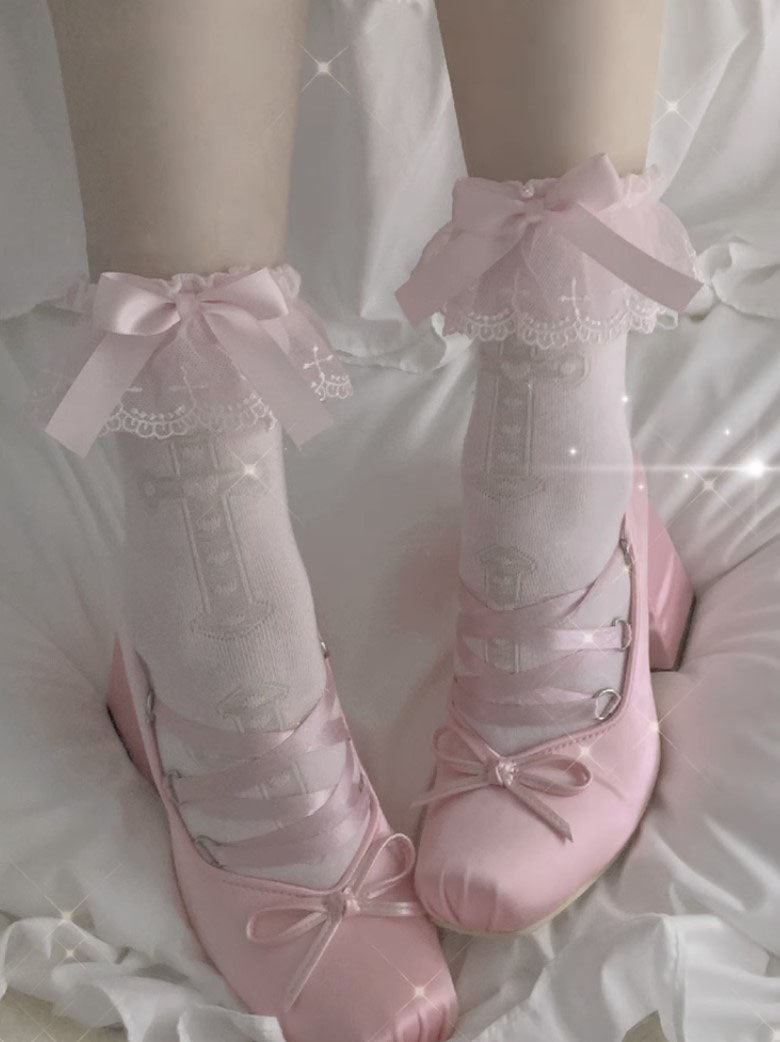 Lolita Cross White Pink Purple Lace Bow Small Socks