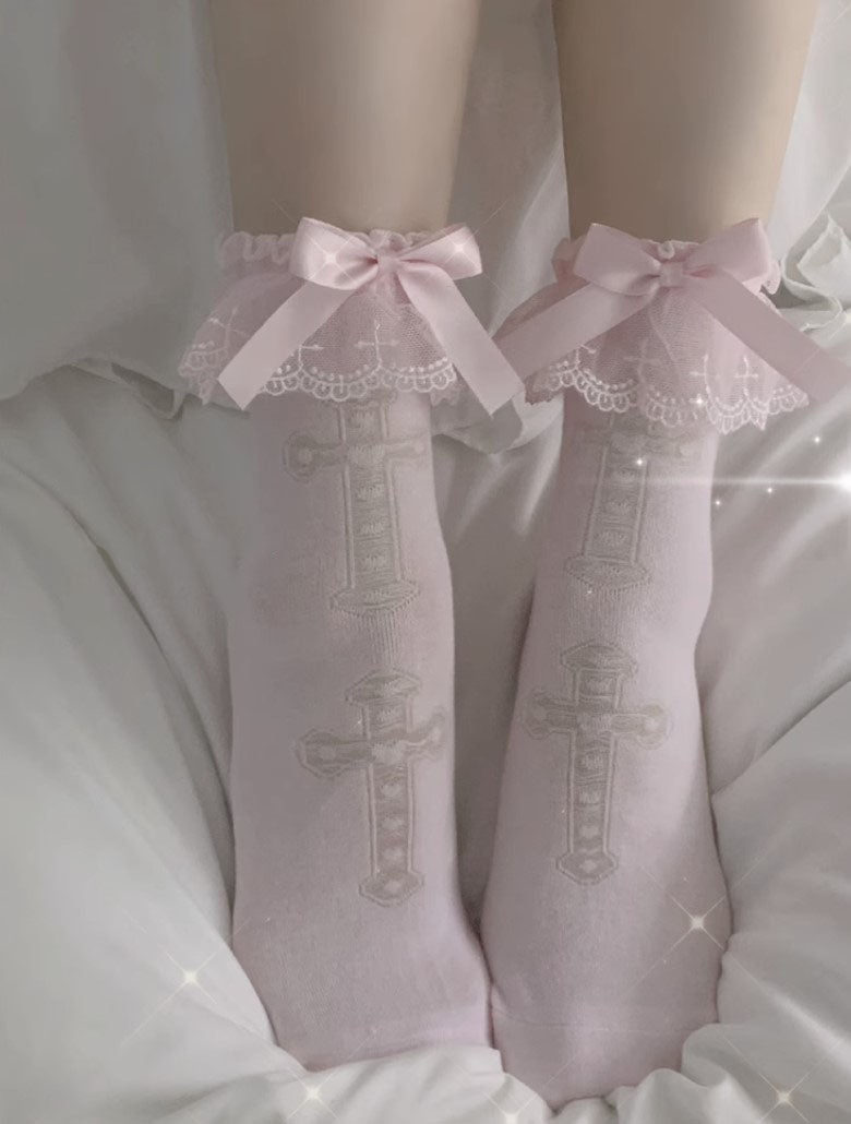 Lolita Cross White Pink Purple Lace Bow Small Socks