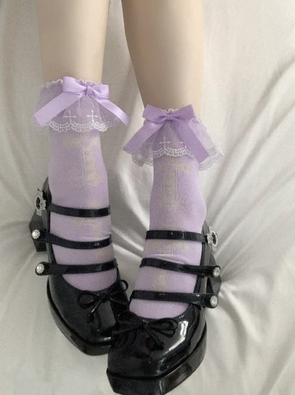 Lolita Cross White Pink Purple Lace Bow Small Socks