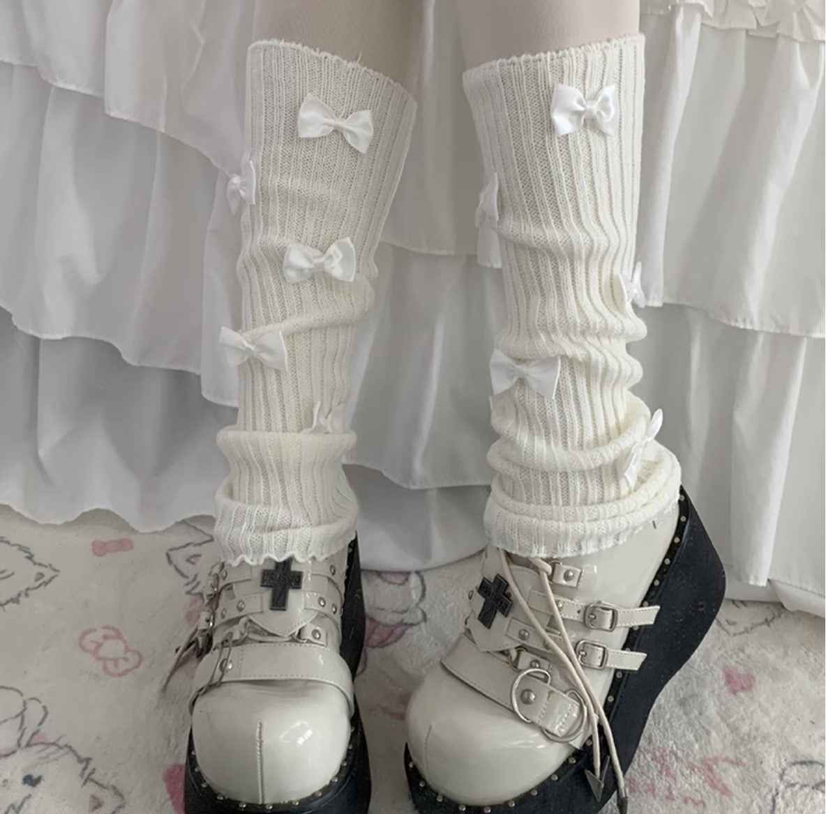 Sweet Lolita Coquette Bow Pink & White Knit Leg Warmers