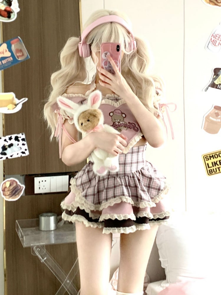 Serendipity Coquette Cute Teddy Bear Three Colors Pink Brown Camisole Top & Plaid Mini Skirt Maid Two Piece Set