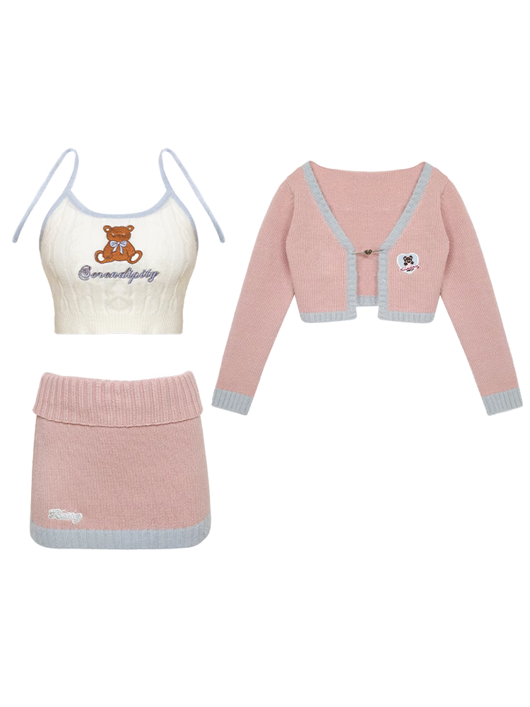 Serendipity Teddy Bear Camisole & Knit Pink Cardigan & Mini Skirt Three Piece Set