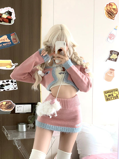 Serendipity Teddy Bear Camisole & Knit Pink Cardigan & Mini Skirt Three Piece Set