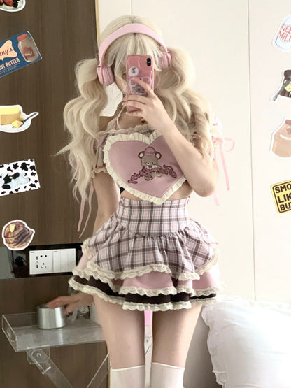 Serendipity Coquette Cute Teddy Bear Three Colors Pink Brown Camisole Top & Plaid Mini Skirt Maid Two Piece Set