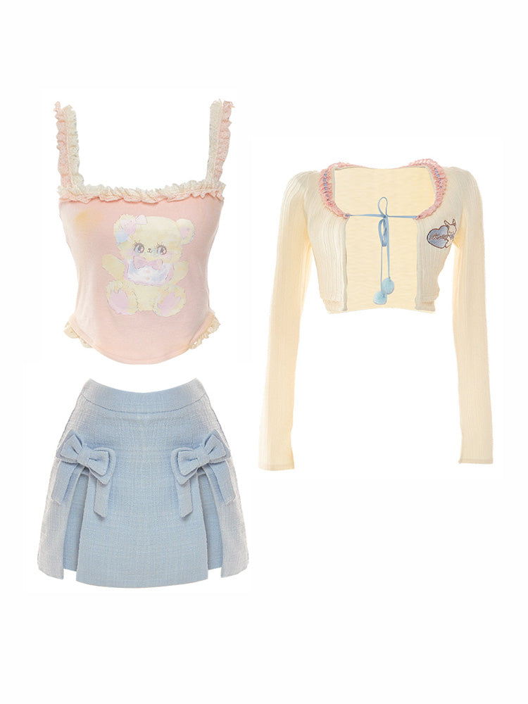 Serendipity Cream Cardigan Pink Camisole Blue Bow Mini Skirt Three Piece Set