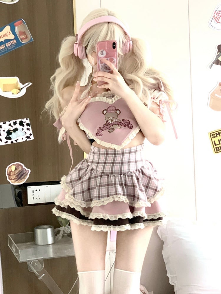 Serendipity Coquette Cute Teddy Bear Three Colors Pink Brown Camisole Top & Plaid Mini Skirt Maid Two Piece Set