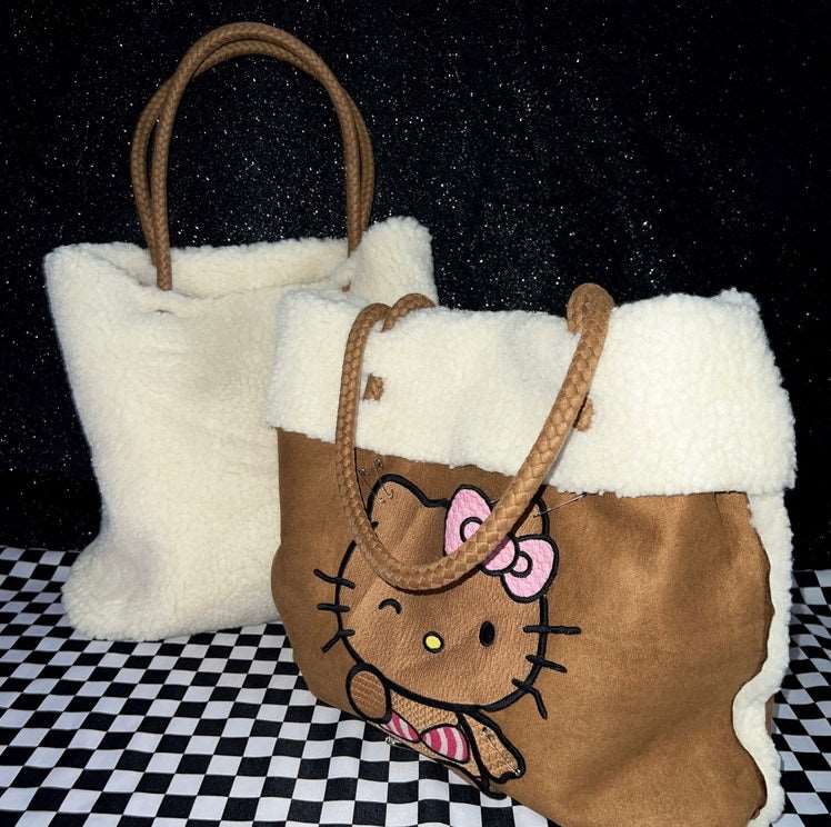 Black Brown Skin Kitty Plush Fluff Removeable Pin DIY Tote Bag