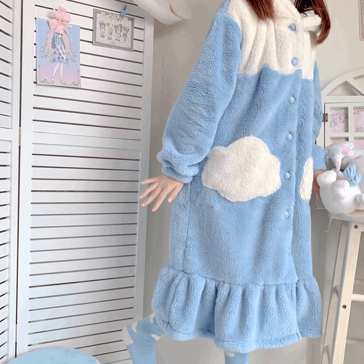 Cartoon Cinnamon Dog Hooded Nightgown Full Overall Blue Cloud Bathrobe Pajamas