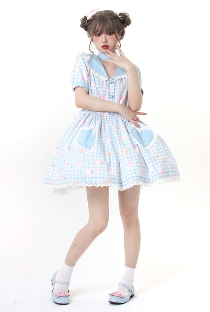 EGL Cute Bear Cat Dog Pastel Pink Blue Checkerboard Short Sleeve Dress