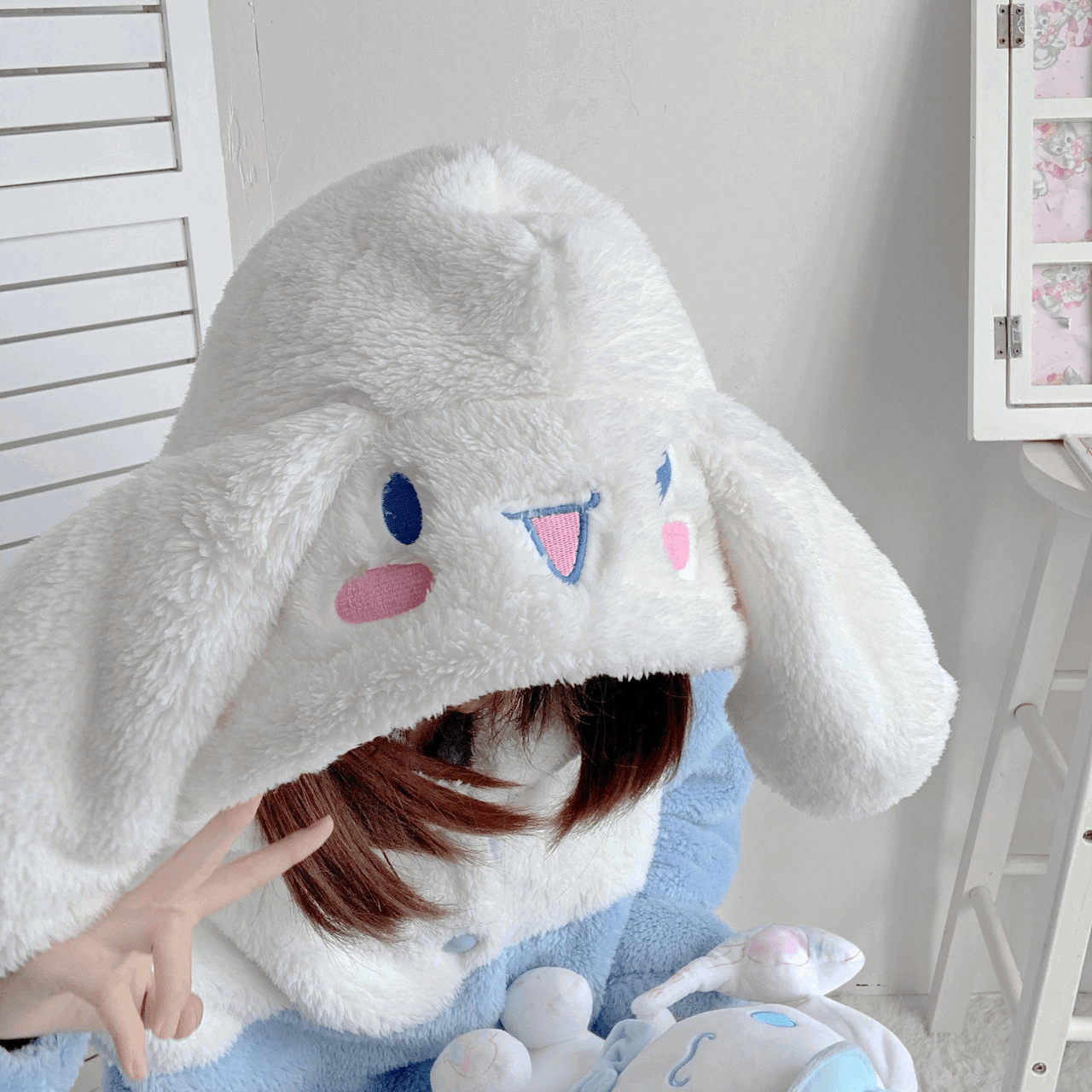 Cartoon Cinnamon Dog Hooded Nightgown Full Overall Blue Cloud Bathrobe Pajamas