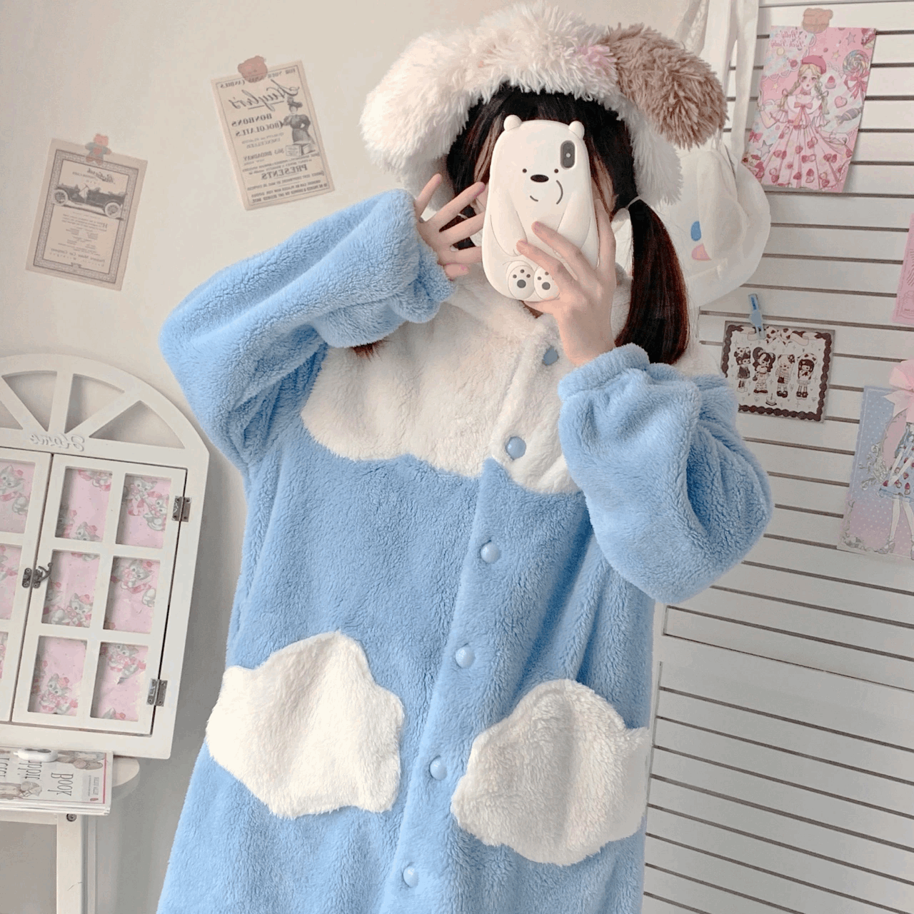 Cartoon Cinnamon Dog Hooded Nightgown Full Overall Blue Cloud Bathrobe Pajamas