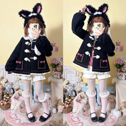 Lace Sailor Collar Lolita Black & Pink Winter Big Bow Woolen Coat Jacket