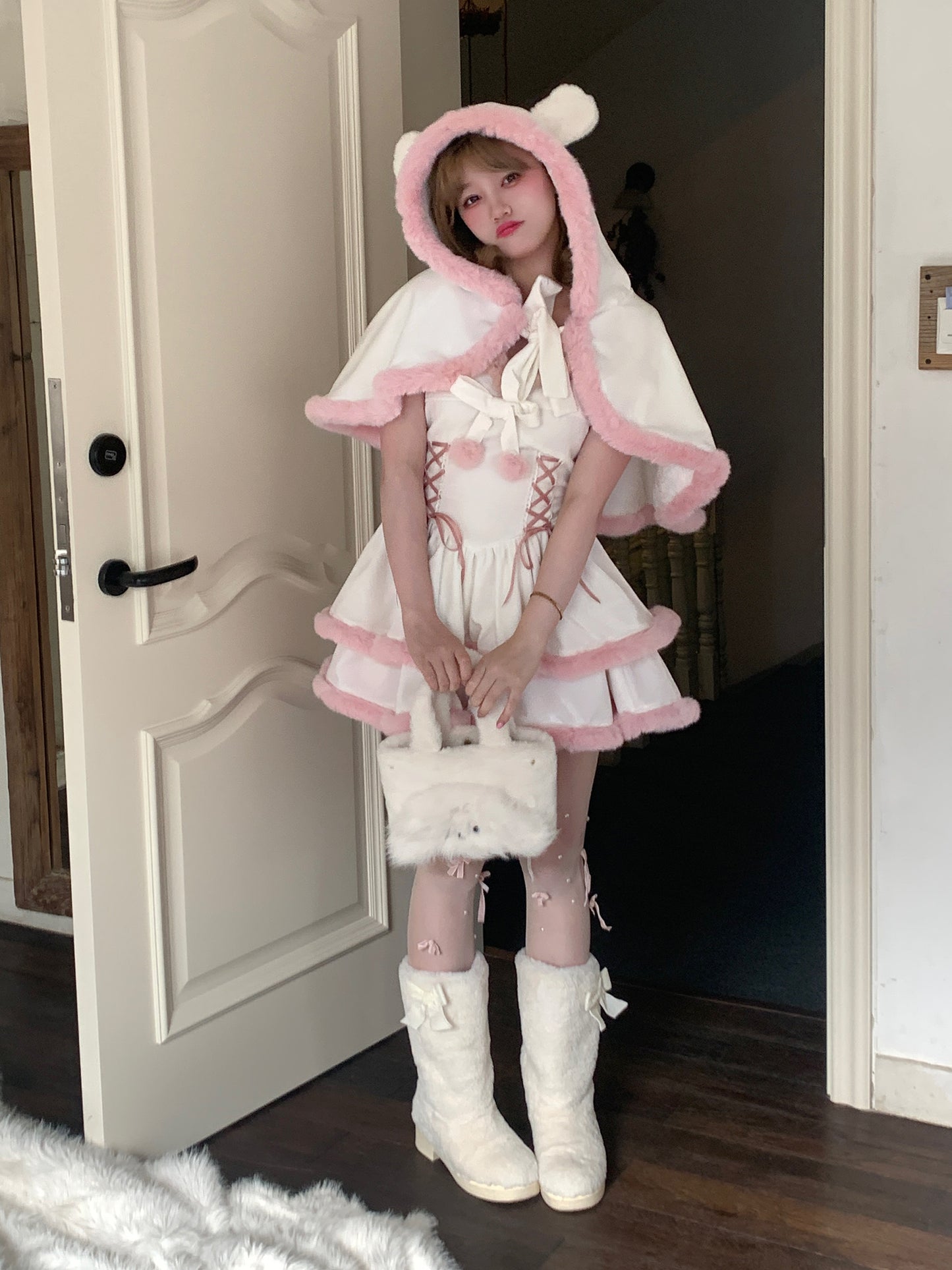 Picnic Girl White Pink Winter Ruffled Strap Dress & Bear Ears Hooded Cloak Cape Two Piece Set