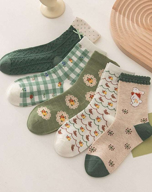 Autumn Cottagecore Cute Green Rabbit Cotton Socks 5 Patterns Pairs Sets