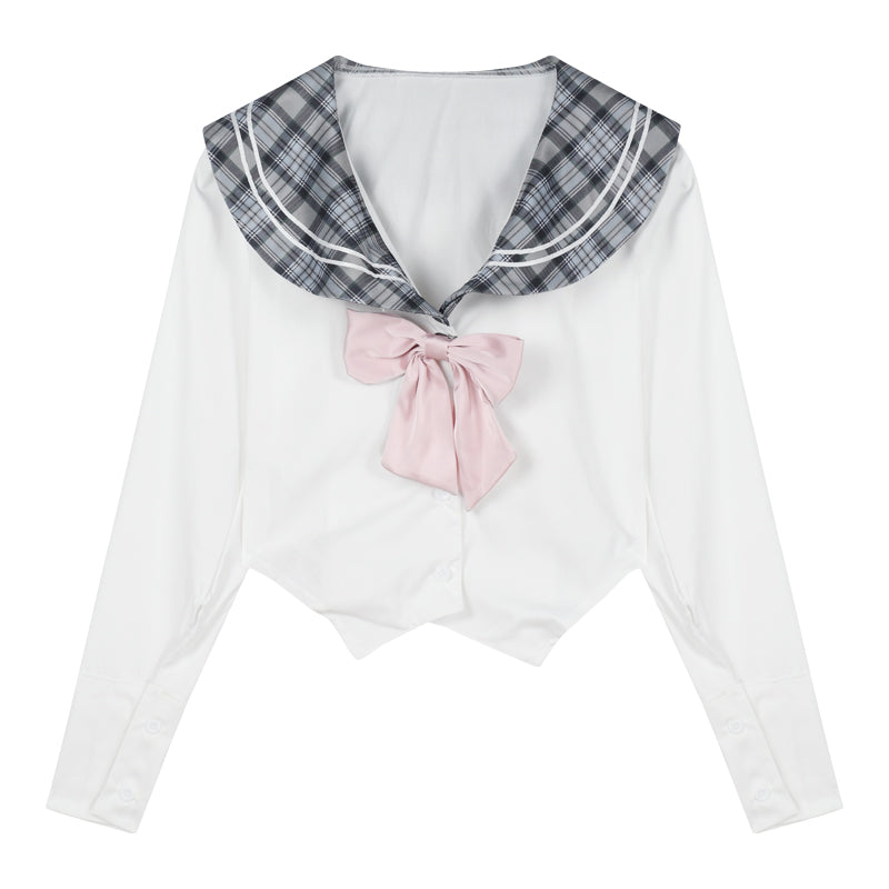 Lazy Girl Academia Sailor Collar Uniform Gray Plaid Shirt Knit Cardigan Mini Skirt Three Piece Set