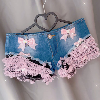 Y2K Hot Girl Lace Kitty Bow Sexy Summer Tight Denim Shorts