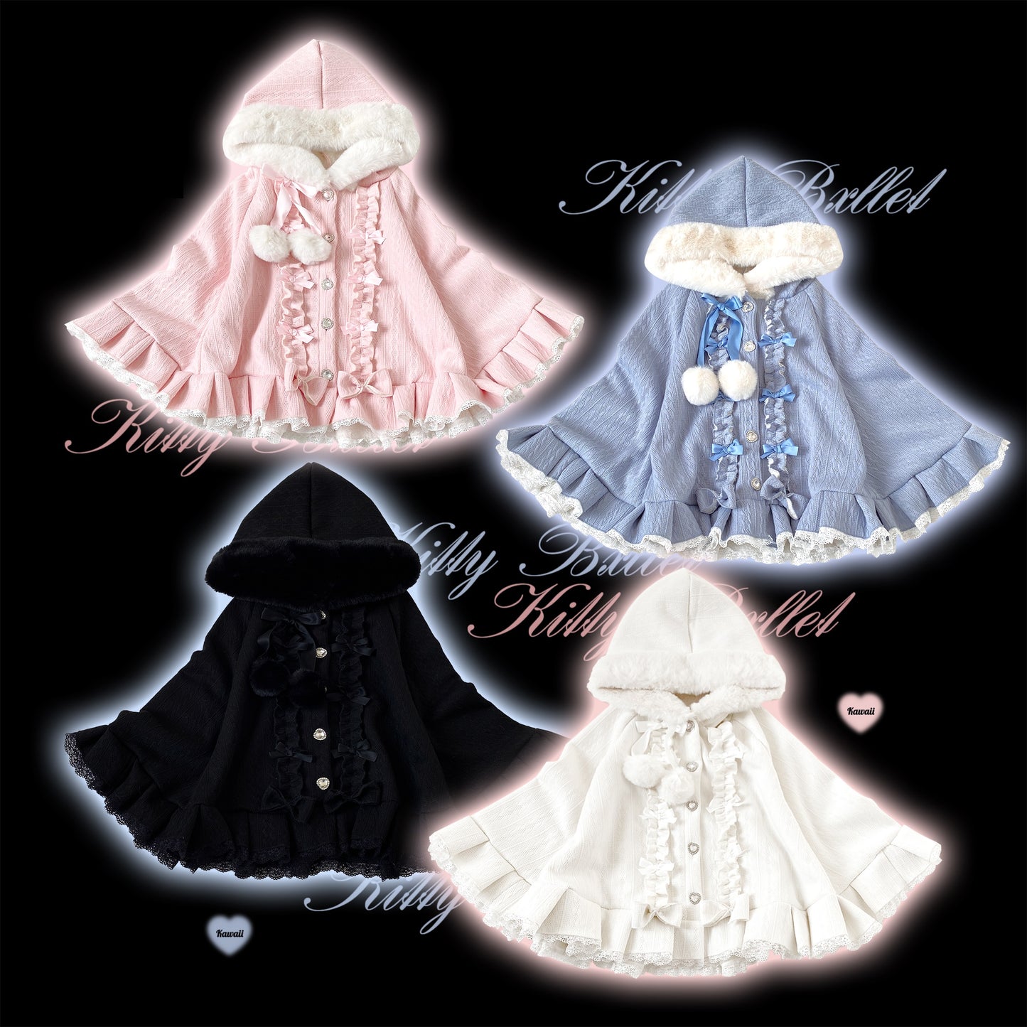 Kitten Bullet Pompom Sweetheart White Pink Black Blue Cape Cloak