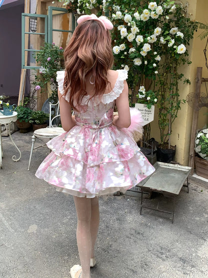 Picnic Girl Pink Floral Flower Note Lace Strap Dress