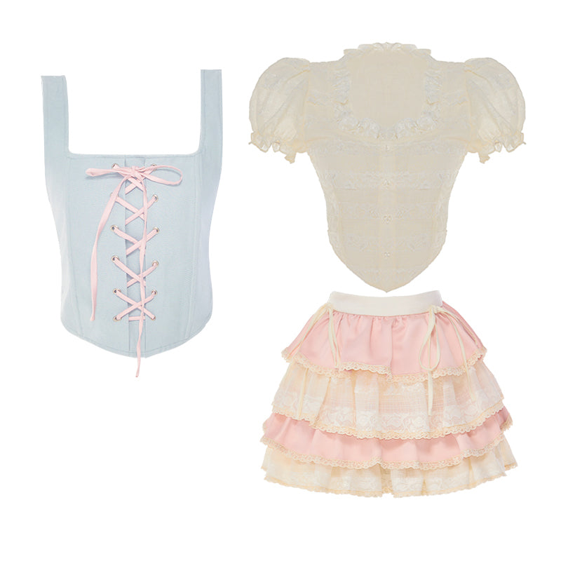 Serendipity Coquette Balletcore Ribbon White Lace Puff Sleeve Shirt & Blue Vest & Pink Mini Short Skirt Three Piece Set