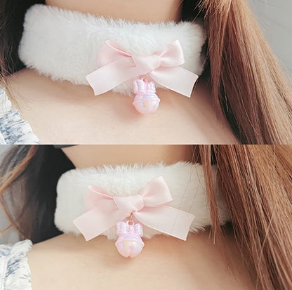 Lolita EGL White Plush Pink Bow Cat Neko Bell Collar Necklaces Choker