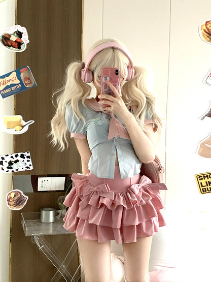 Serendipity Coquette Sweet Sailor Collar Blue Puff Sleeve Shirt & Pink Ruffled Mini Skirt Two Piece Set