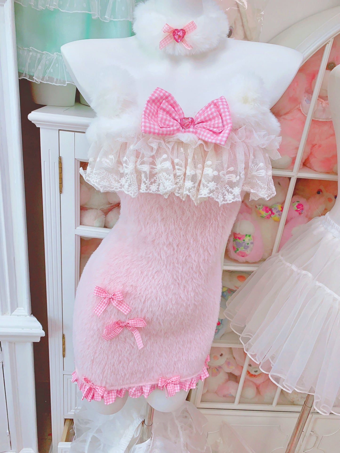 Candy Fairy Plush Pink Bow Cat Ears Fur Cutie Sexy Bodycon Dress