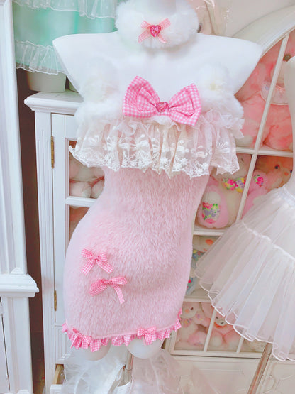 Candy Fairy Plush Pink Bow Cat Ears Fur Cutie Sexy Bodycon Dress