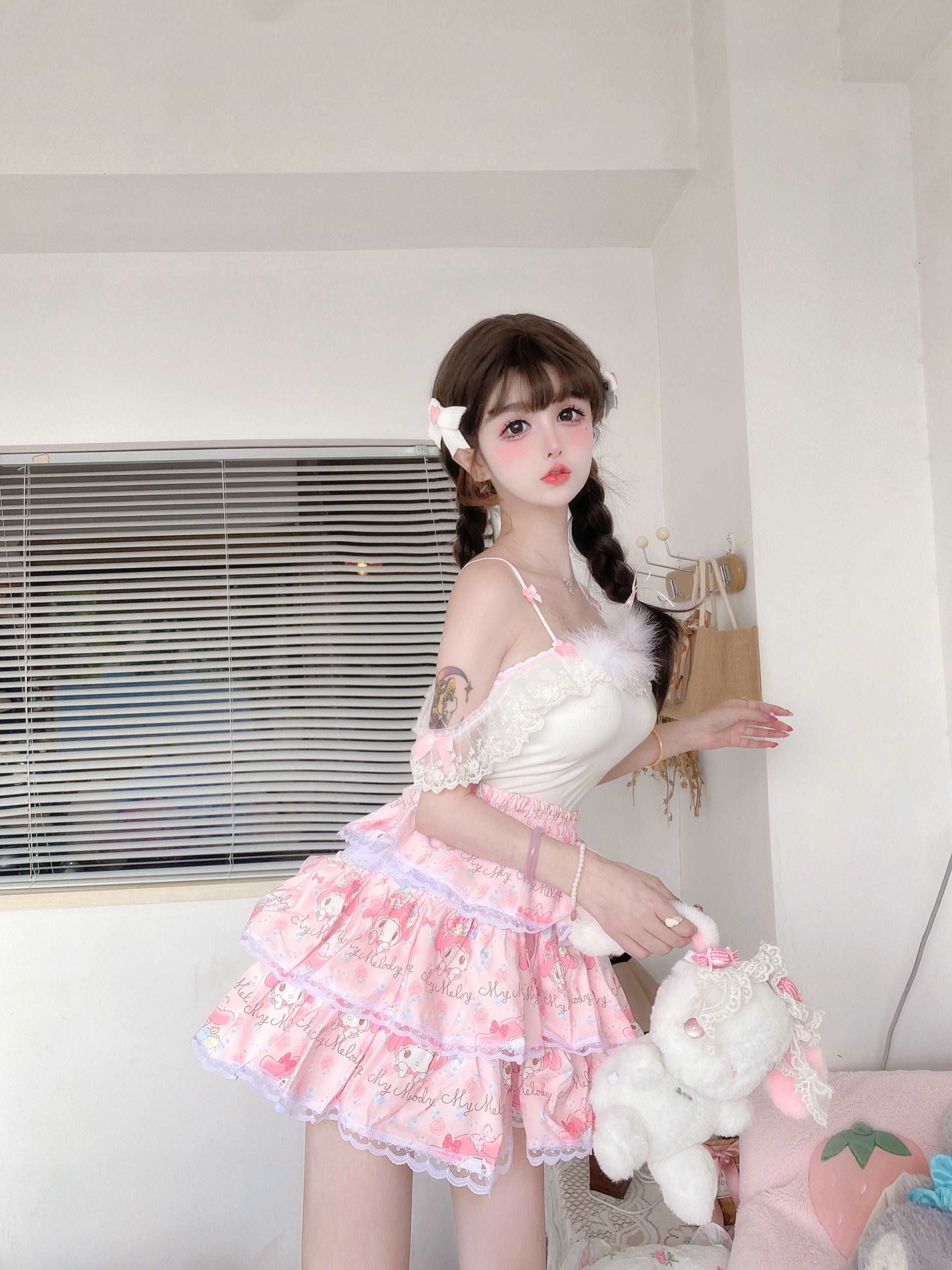 Candy Fairy Coquette White Camisole & Pink Melody Ruffled Cake Mini Skirt Two Piece Set