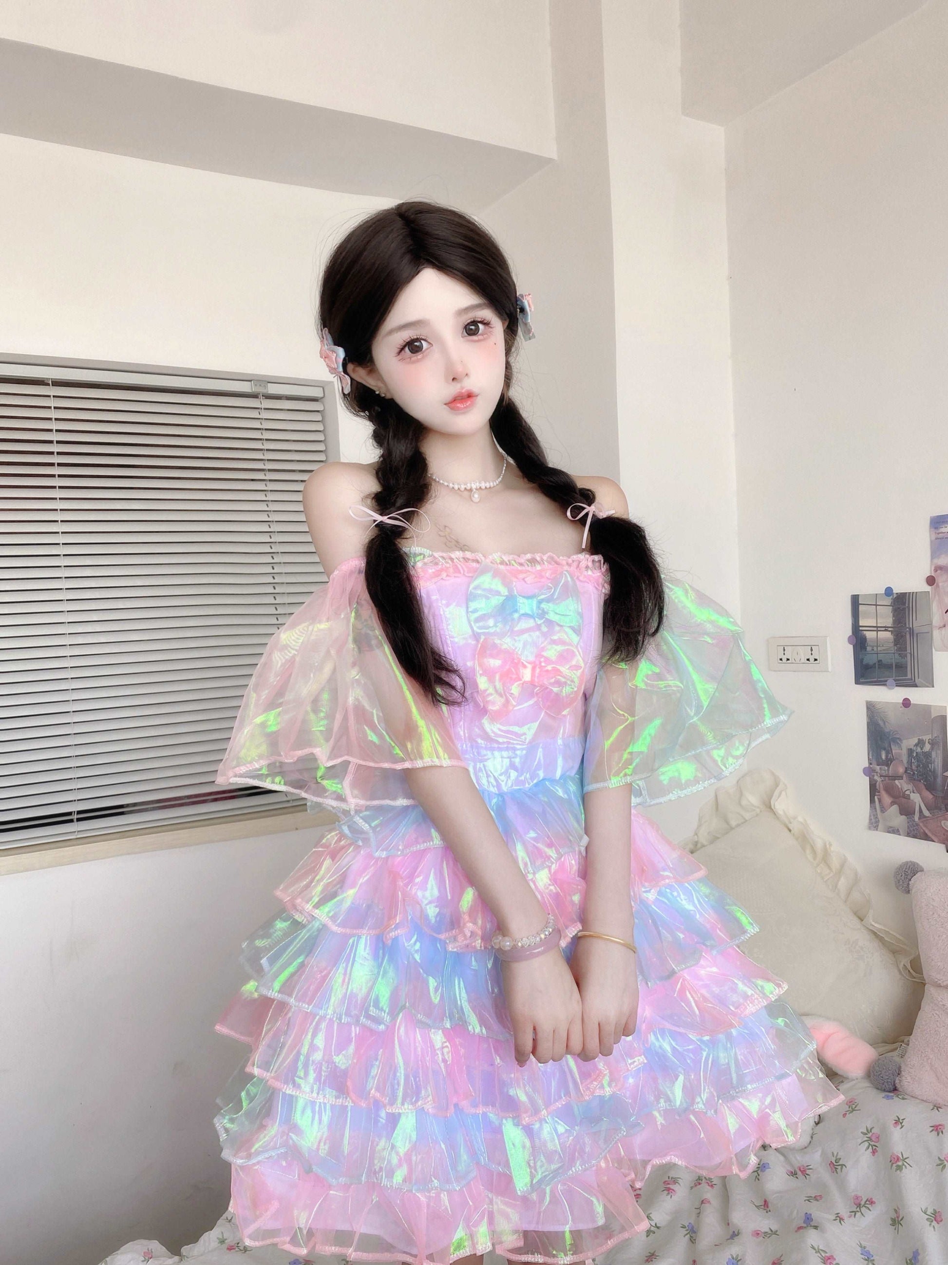 Candy Fairy Pastel Rainbow Gradient Mermaid Sparkling Ruffled Layered Dress