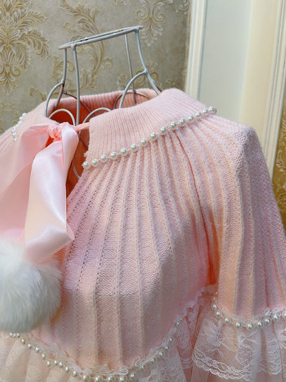 Sweetheart Princess Pearl Lace Furball Pink Knit Loose Sweater