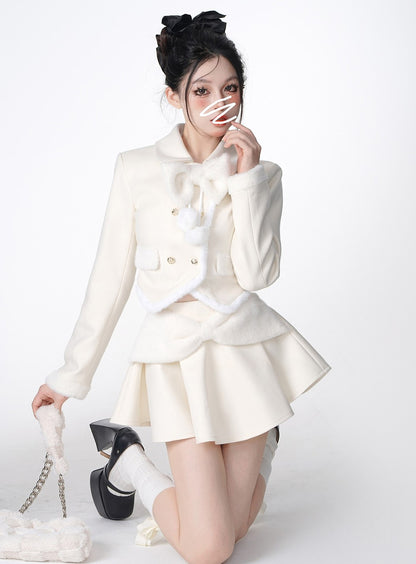 Young Eyes Snow Princess Beige Bow Jacket & Skirt Two Piece Set