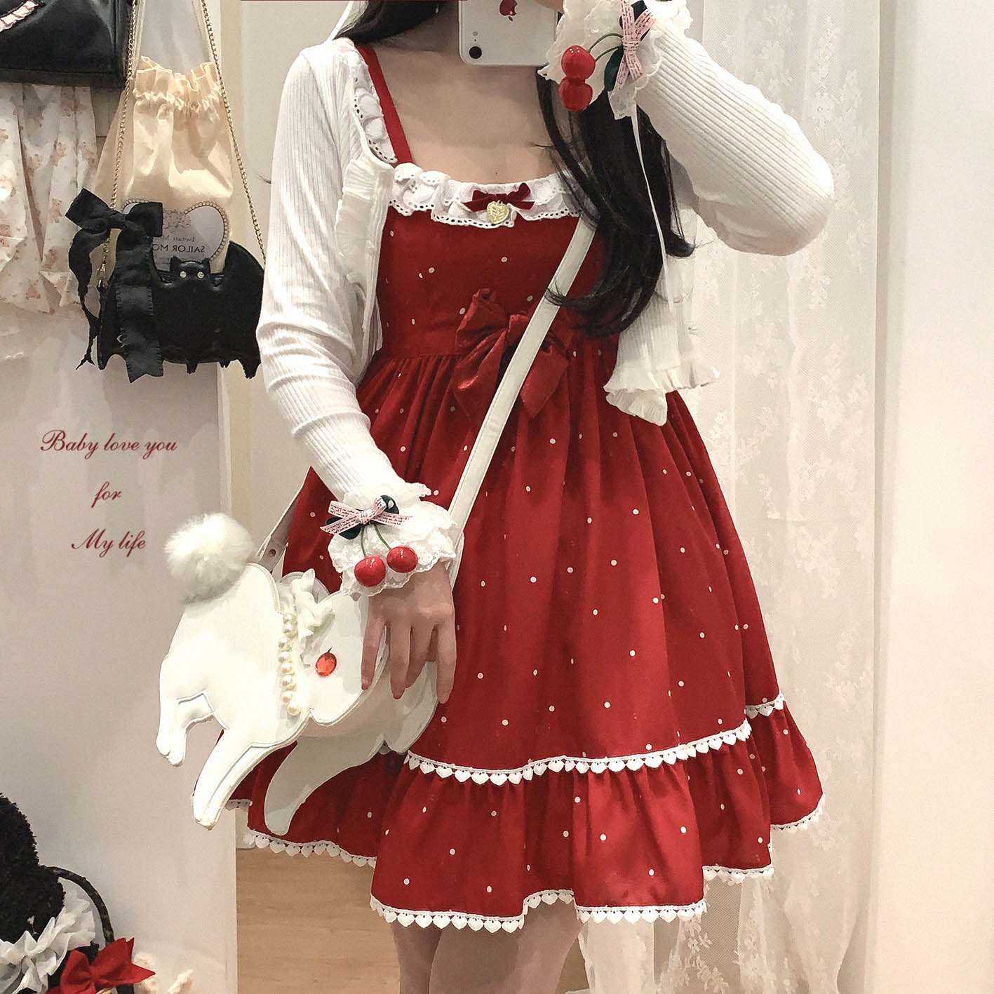 Dormir Doll Christmas Love Polka Dot White & Red Chiffon Strap Dress