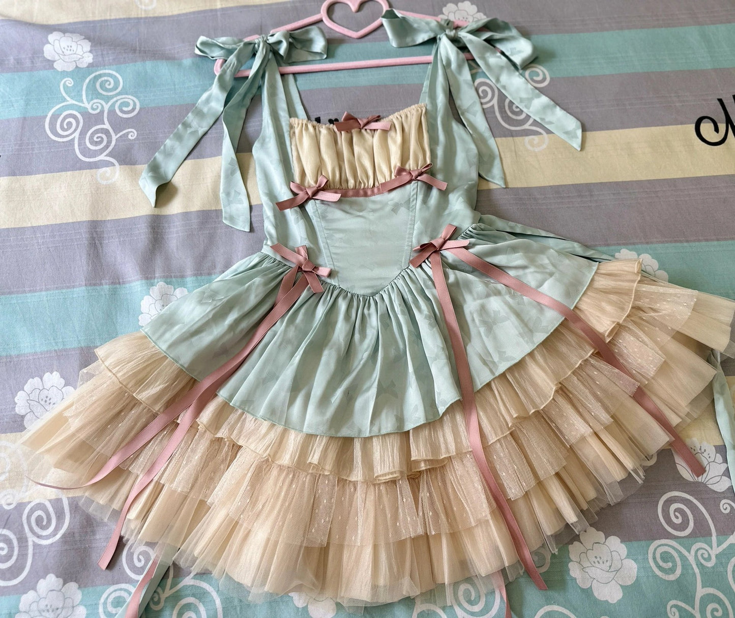 Lilith Eye Lolita Cream Green Ruffle Princess Strap Dress