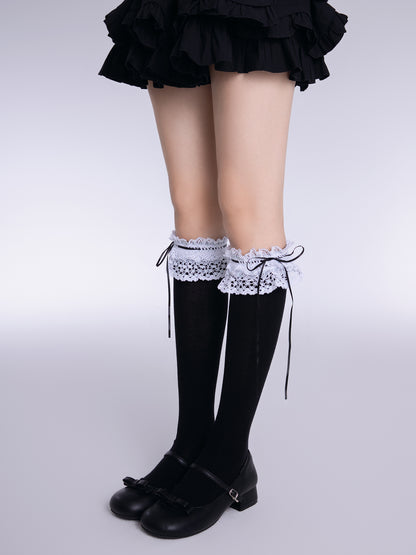 EGL Over Under The Knee Bow Lace Black White Socks Stockings