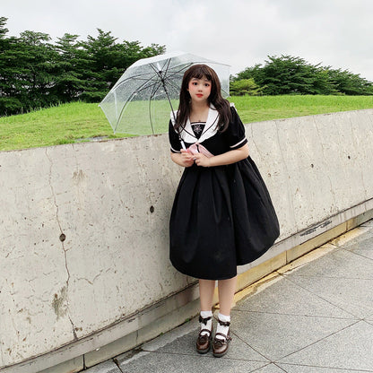 Plus Size Sailor Collar Sakura Bow Black Summer Dress