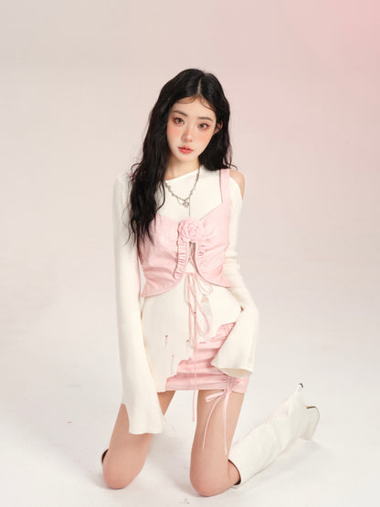 Lucia Lady Sweet Rose Autumn White Sweater & Pink Camisole Vest & Skirt Three Piece Set