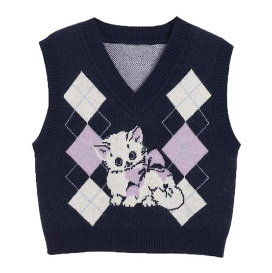 Cat Argyle Midnight Blue V Neck Knit Vest