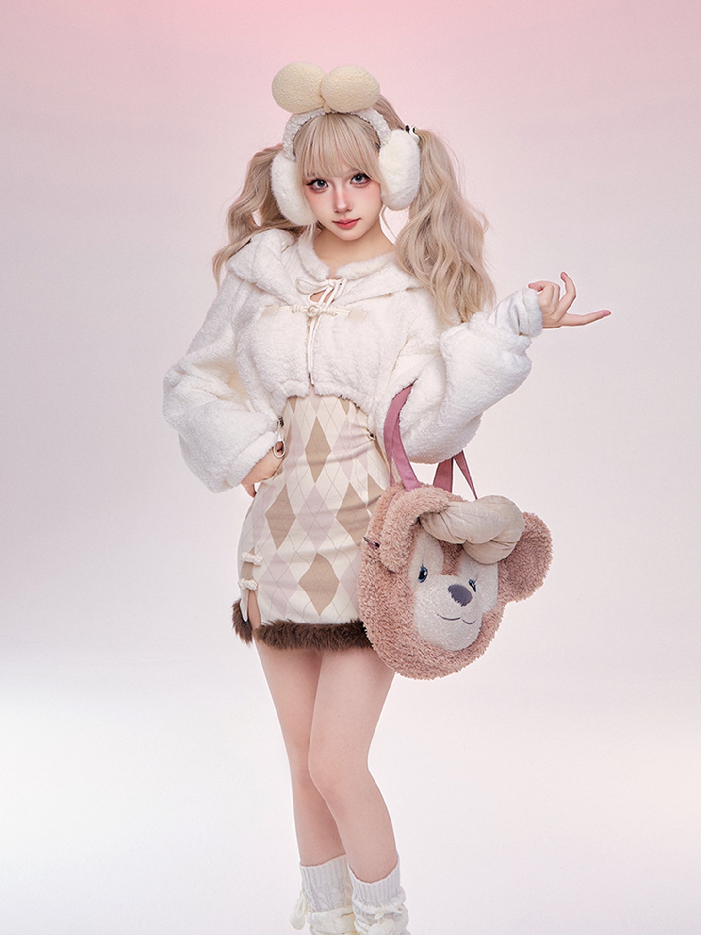 Serendipity Autumn Brown Argyle Long Sleeve Dress & White Rabbit Ears Hooded Jacket Two Piece Set