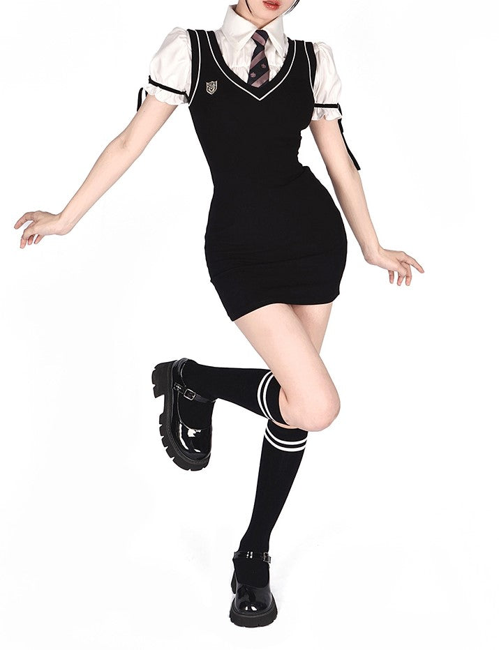 Young Eyes Preppy College School Girl Academia Black & White Shirt Dress Two Piece Set