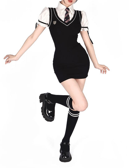 Young Eyes Preppy College School Girl Academia Black & White Shirt Dress Two Piece Set