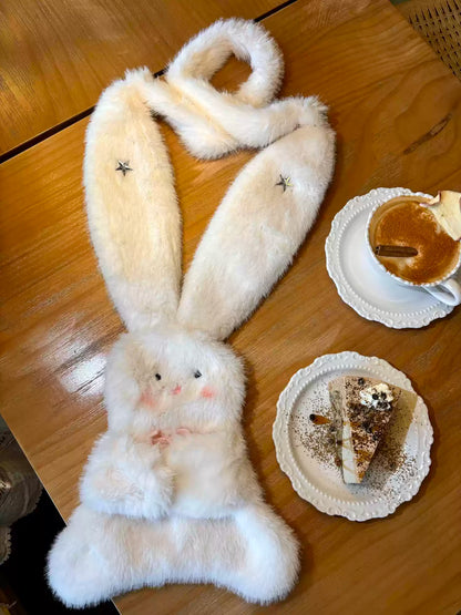 Peach Bubble White Rabbit Plush Hat Scarf Gloves Bag Set