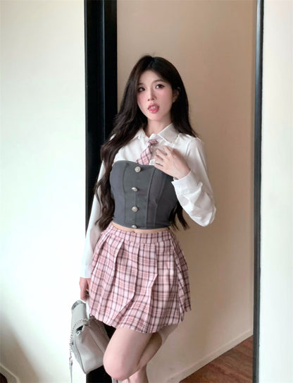 Student College Style Shirt Vest Pink Plaid Tie Pleated Skirt Two Piece Set