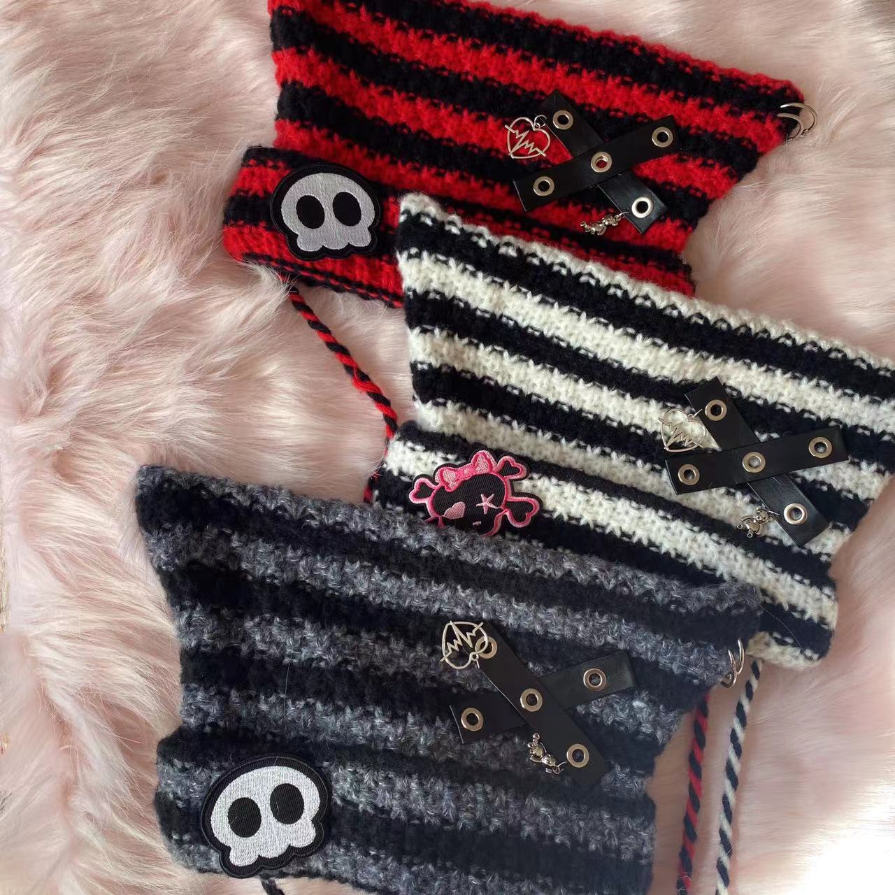 Y2K Handmade Knit Cross Skull Striped Cute Winter Hats Beanie