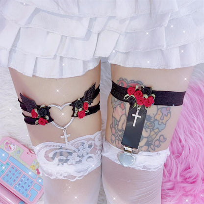 Heart Rose Angel Coquette Pink Blue Black White Thigh Strap Garter