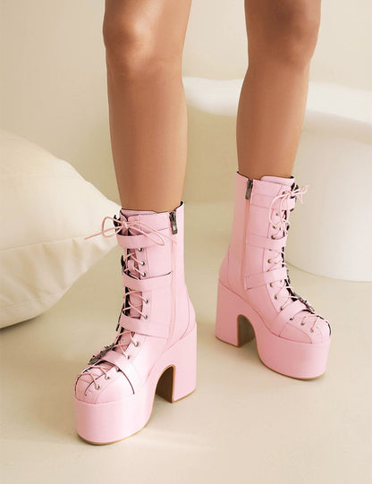 Princess Devil Bat Wings Buckle Pink Black Brown Cream Winter High Heels Boots