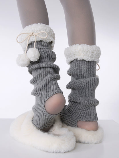 Winter Floor Knit White Beige Brown Gray Black Pompom Balls Socks