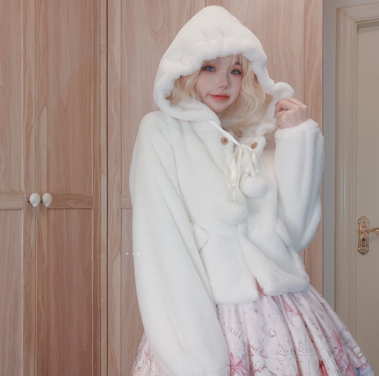 Pompom Bow Plush EGL Hooded Jacket Winter Coat