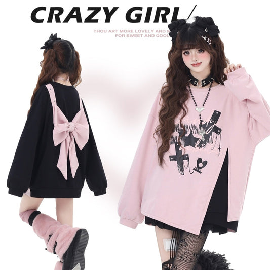 Crazy Girl Sakura Cross Bow Black Pink Sweater Top